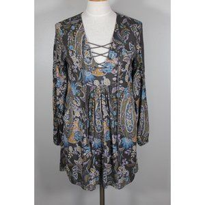 Free People Rain or Shine Swing Dress SMALL BOHO Festival  Gray Floral Paisley